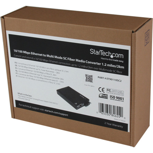 StarTech ET90110SC2 10/100 Mb/s Multi Mode Fiber Media Converter SC 2km (Black)