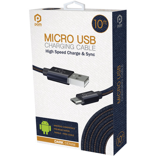 POM GEAR Micro-USB Type-B Male to USB Type-A Male Charging Cable (10', Dark Denim)