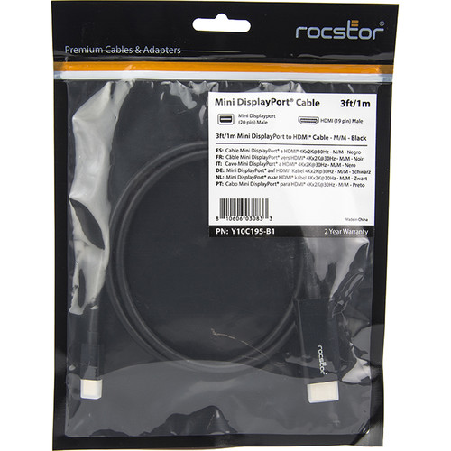 Rocstor Rocpro Mini DisplayPort Male to HDMI Male Cable (3', Black)