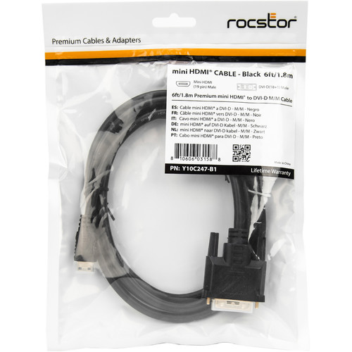 Rocstor Mini-HDMI Male to DVI-D Male Cable (6', Black)