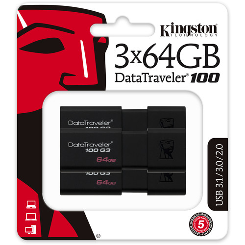 Kingston 64GB Data Traveler 100 G3 USB 3.0 Flash Drive (3-Pack)