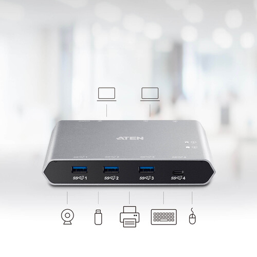 ATEN US3342 4-Port USB 3.2 Gen 2 Sharing Switch with Power Pass-Through