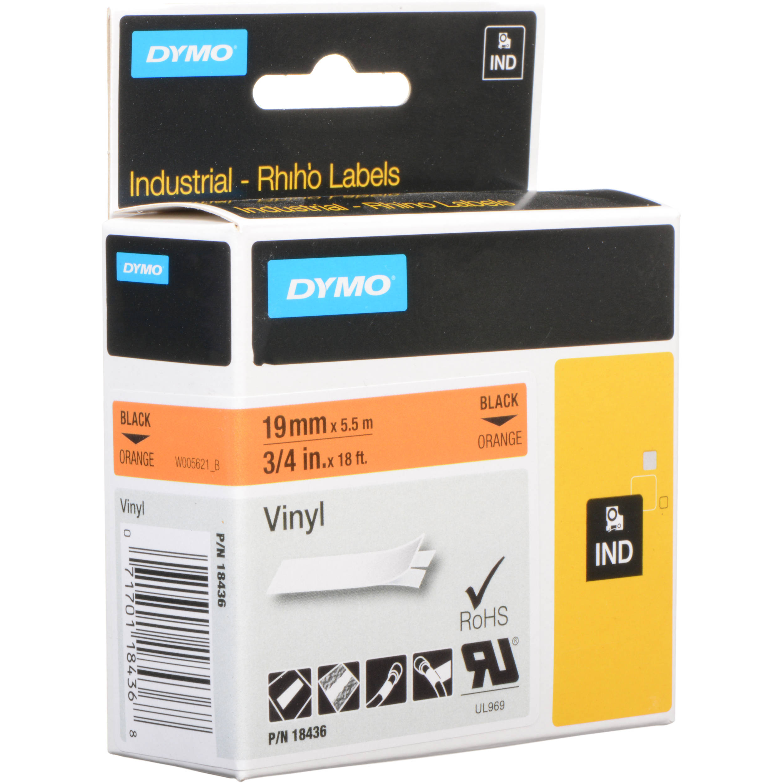 Dymo Rhino 3/4" Orange Vinyl Labels (Black Print)