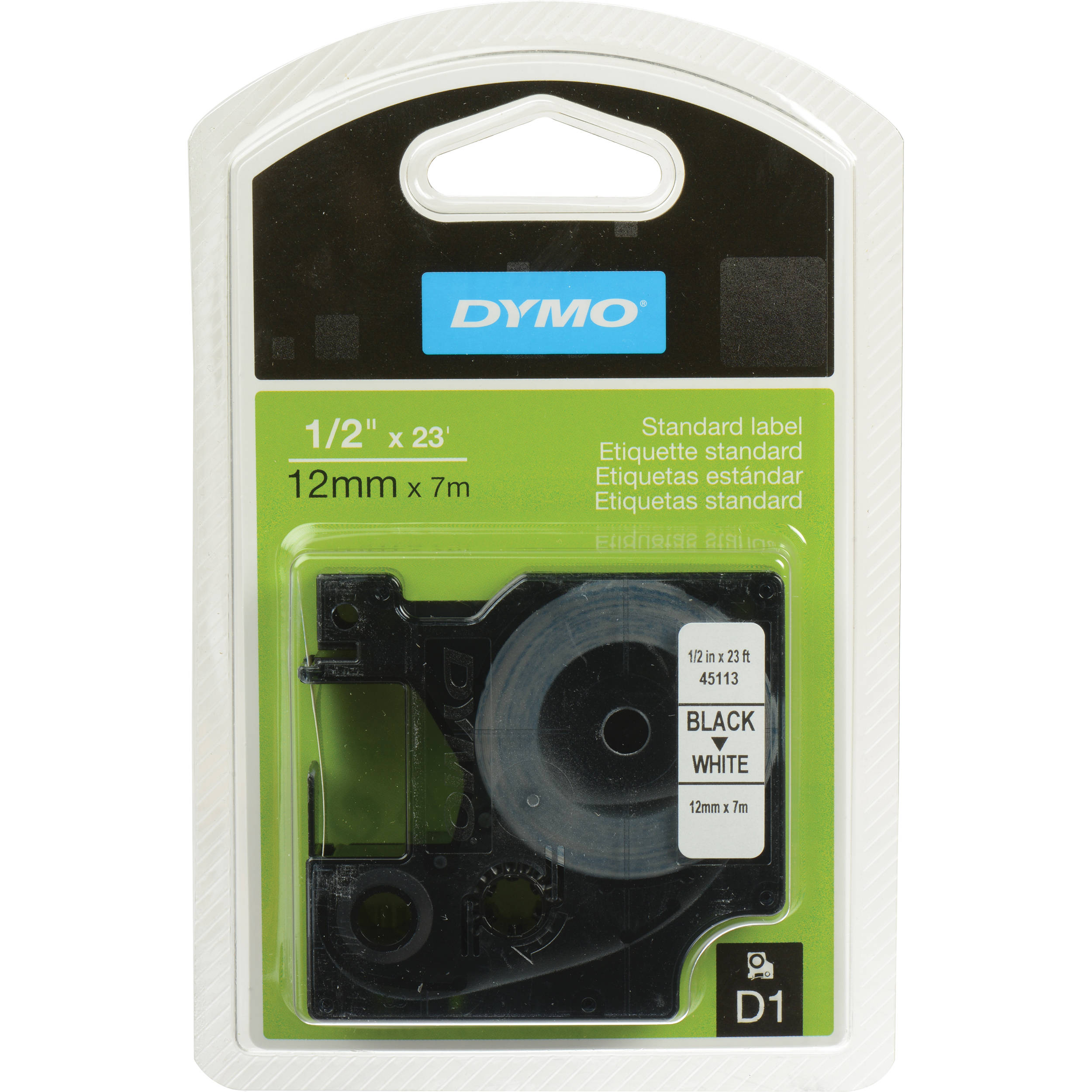 Dymo 45113 D1 Tape Cassette (Black Print, White Tape - 1/2" x 23')