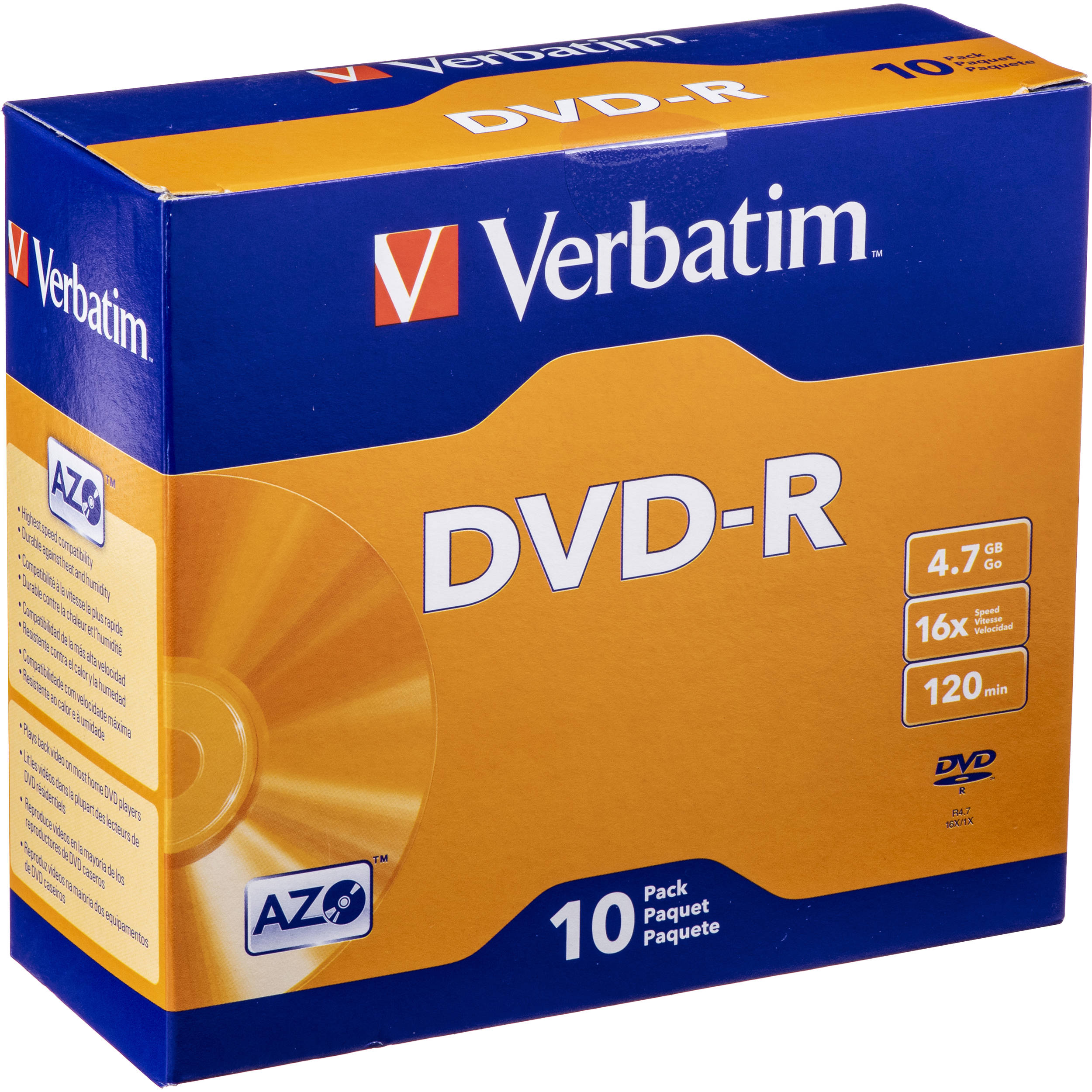 Verbatim DVD-R 4.7GB 16X Azo Surface with Slim Case (10 Pack)