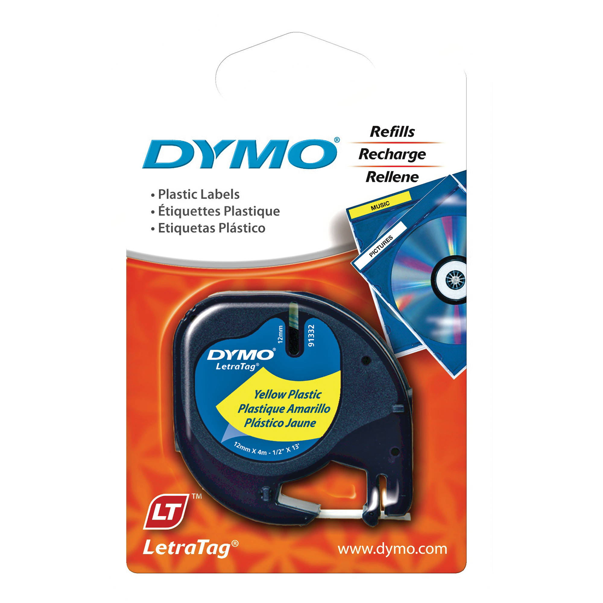 Dymo Plastic LetraTag Tape (Black on Yellow, 1/2" x 13')
