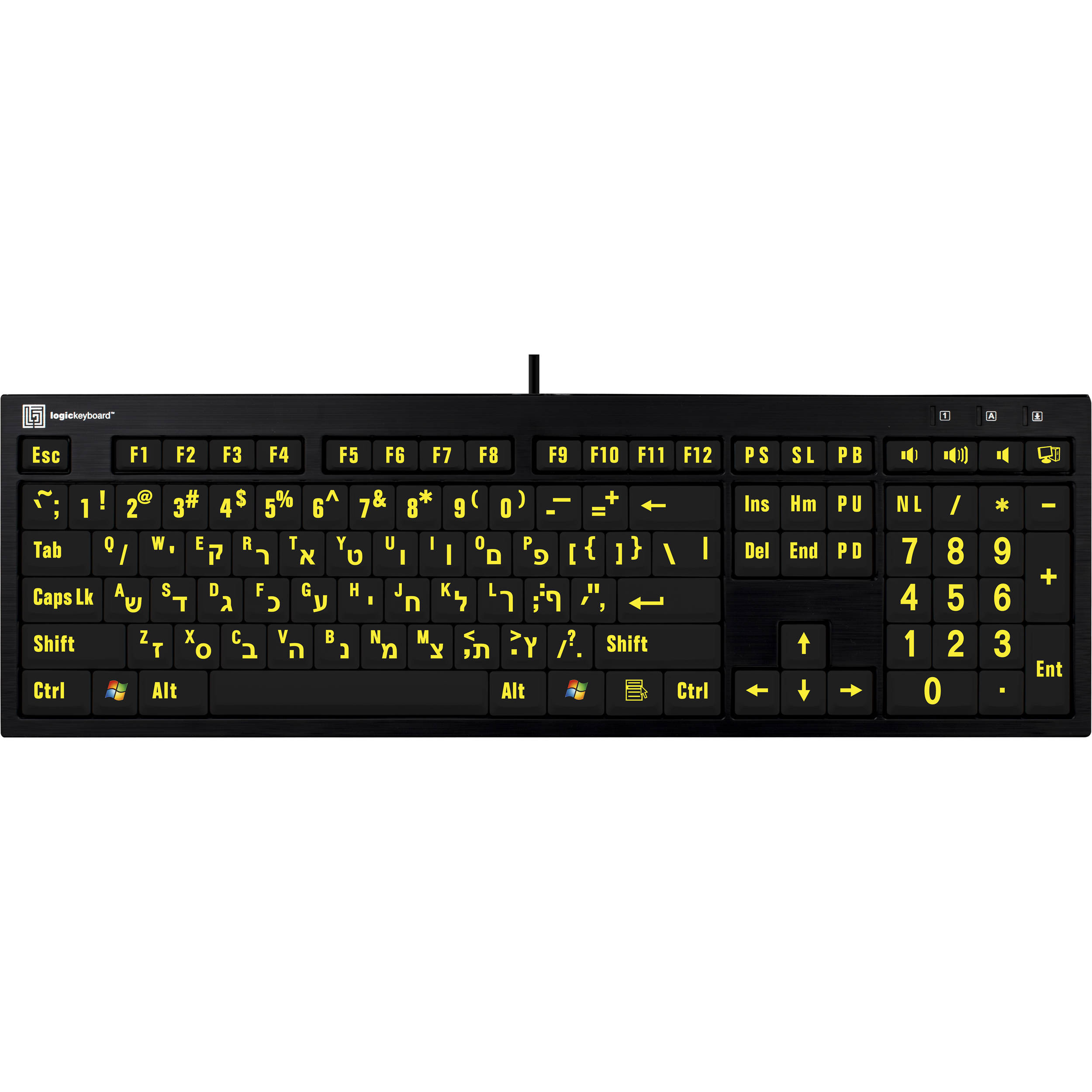 LogicKeyboard XL Print NERO PC Slimline Large Print American English and Hebrew Keyboard (Yellow On Black)